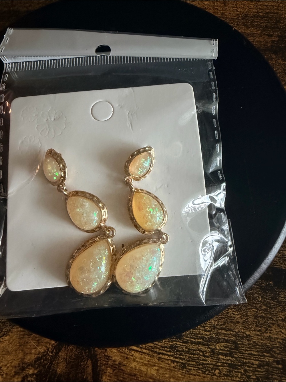 Gold-Tone Teardrop Dangle Earrings with White Opalescent Stones